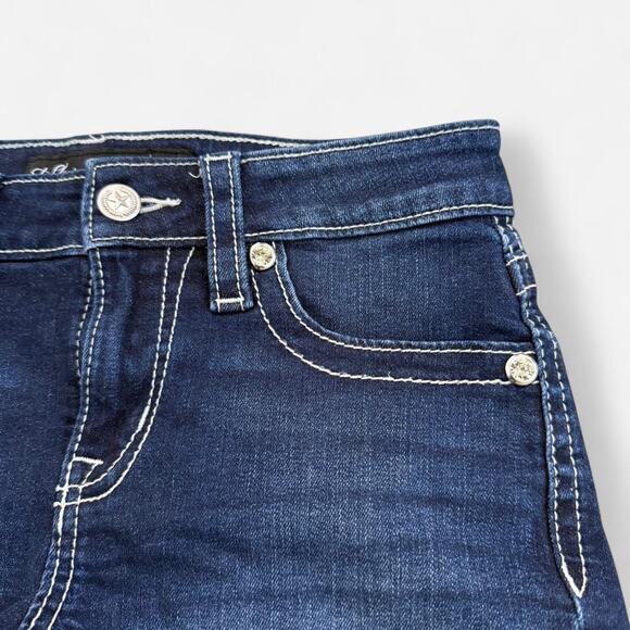 Stella In Dreams Y2K Blue Mid Rise Shorts w Rhinestone Angel Wing Cross Patches - Picture 4 of 7